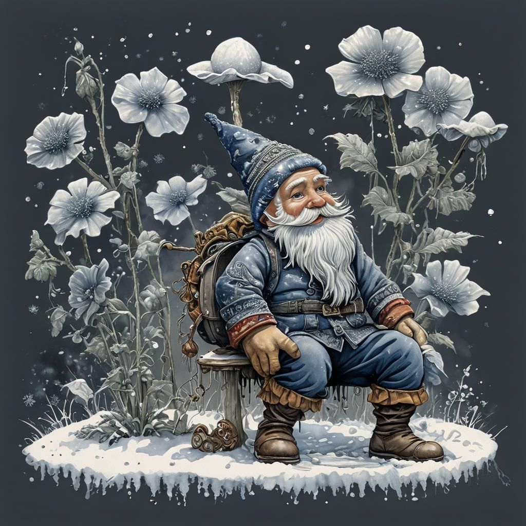 Gnome Wraps Flower with Scarf: Steampunk Watercolor