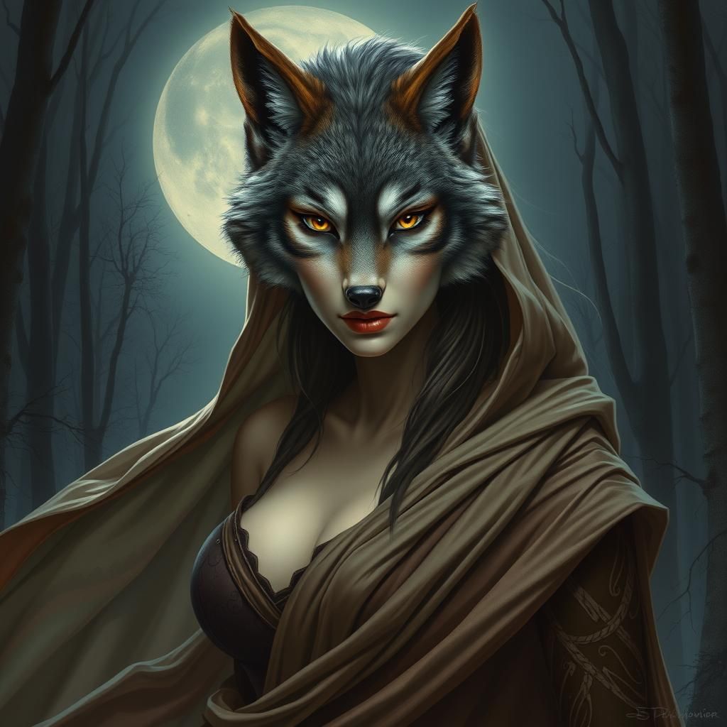 Mystical Wolf-Woman in Moonlit Forest