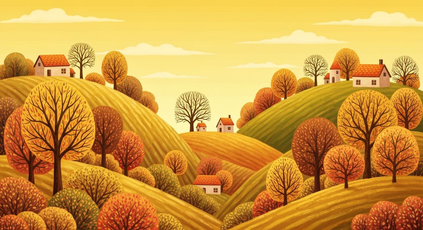 Whimsical Folk Art Autumn Village Scene