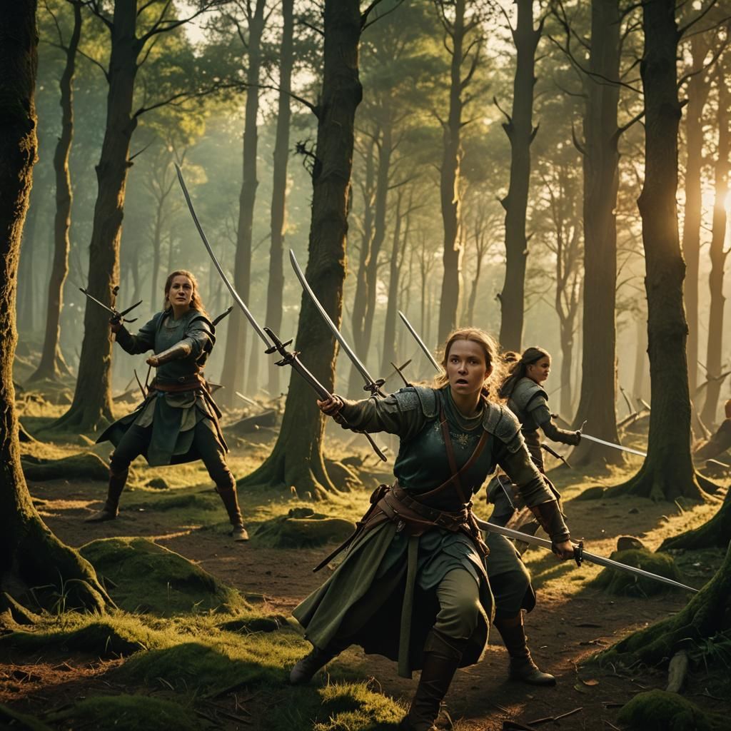 Female Warriors Defend Realm at Sunset