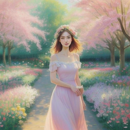 Girl in Spring Garden as Impressionist Painting