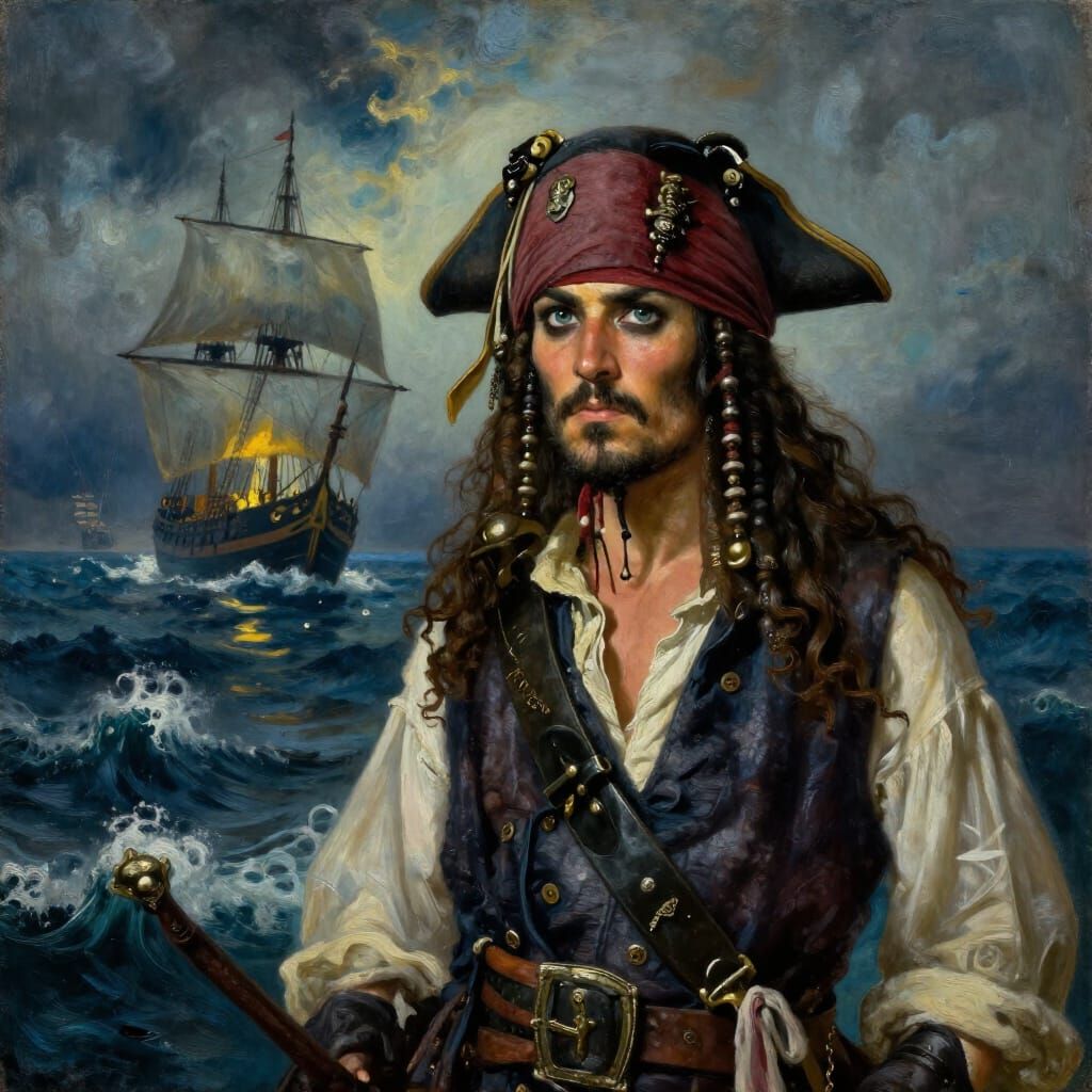 Charming Pirate Oil Painting: Stormy Seas & Sublime Nature