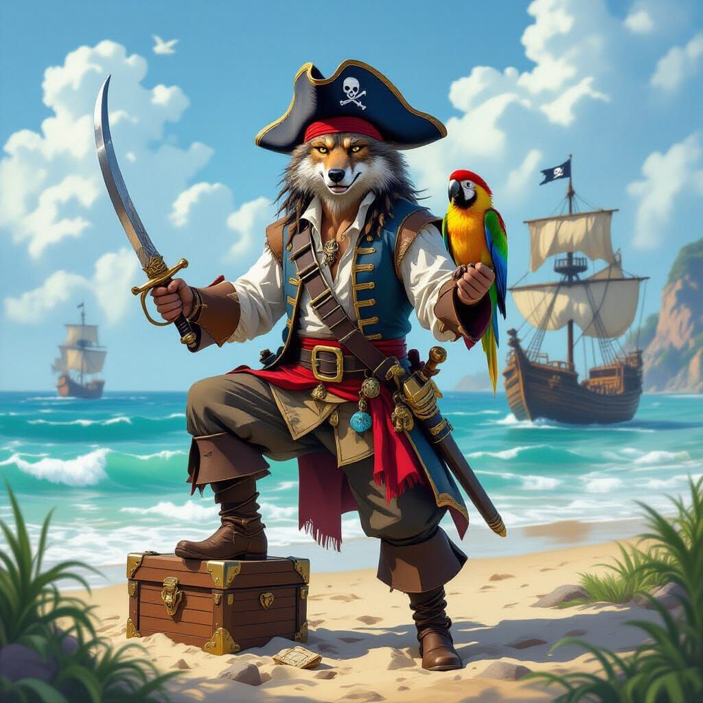 Wolf Pirate with Treasure Map, Hyperrealistic Style