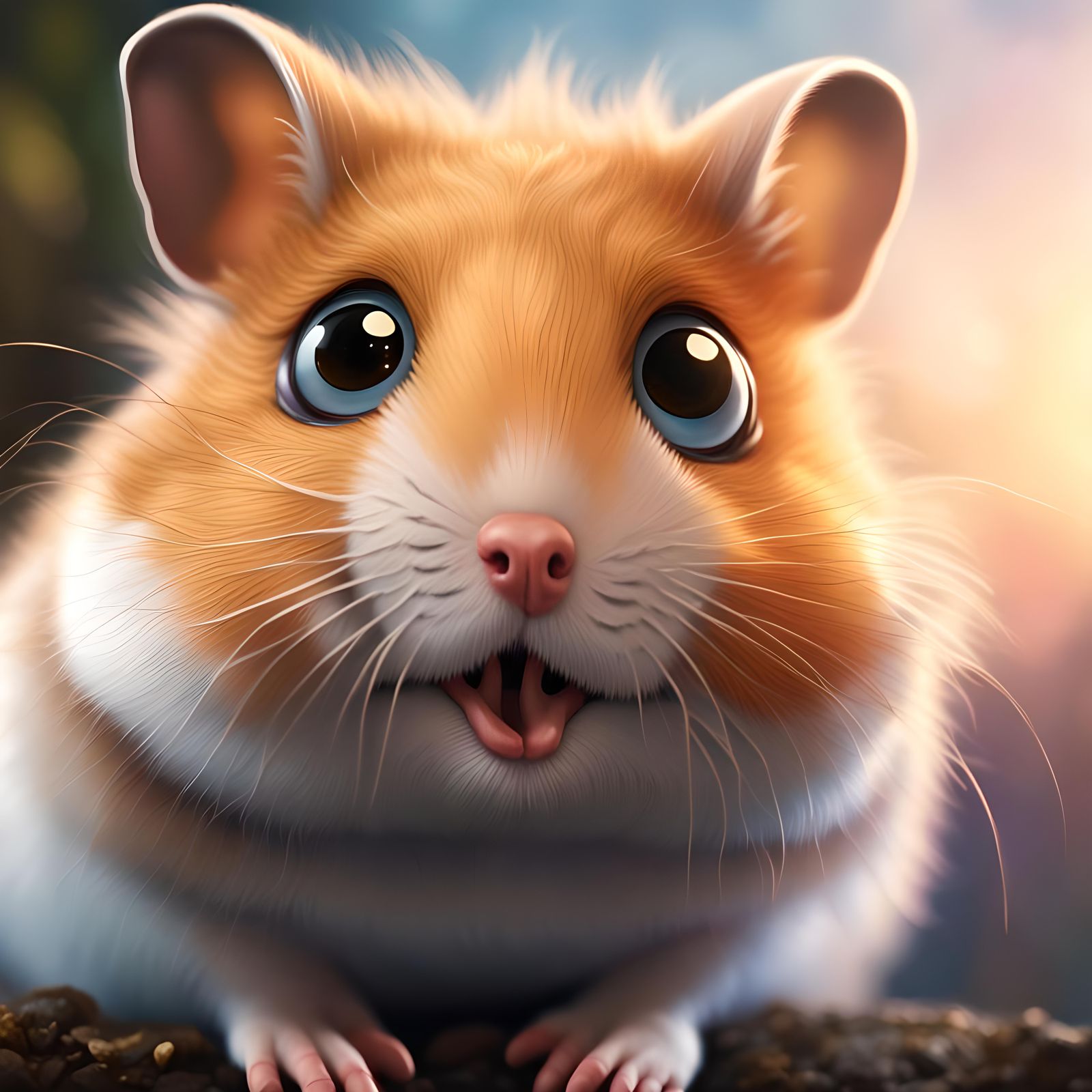 Portrait of a cute fluffy friendly hamster with huge googly eyes
