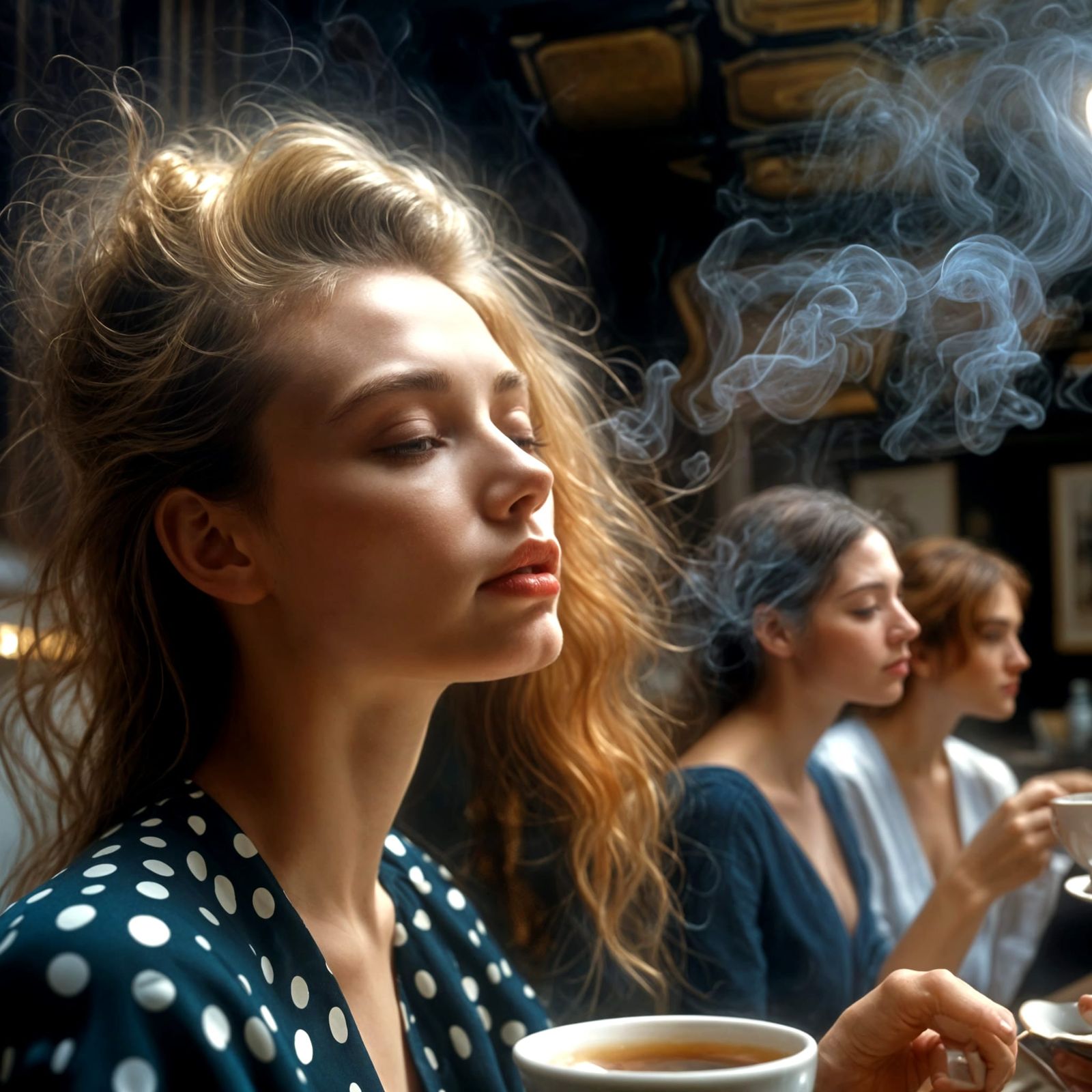 Beautiful Woman Enjoying Tea in Cafe: Photorealistic Portrai...