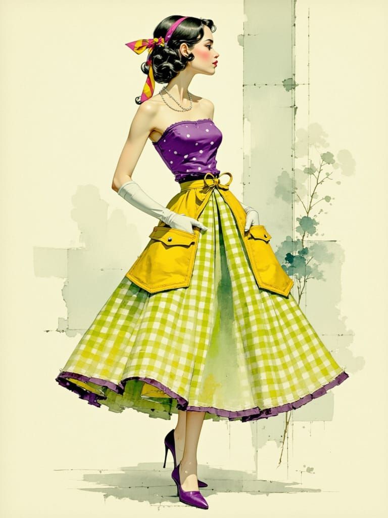 Elegant 1950s Fashion Model in Whimsical Gingham