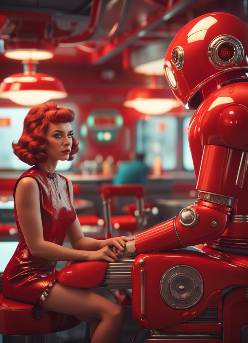 1960s Pin-Up Girl and Robot in Diner
