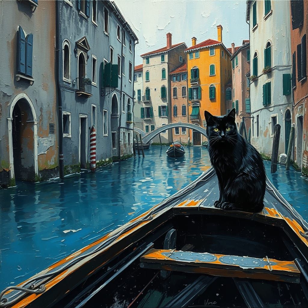 Whimsical Canal Scene with Black Cat in Miyazaki-Inspired Ar...
