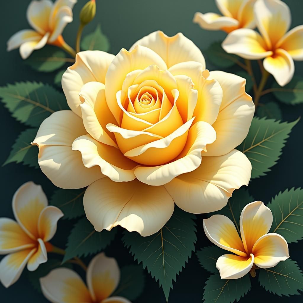 Yellow Rose in Anime Style with Frangipani Flowers