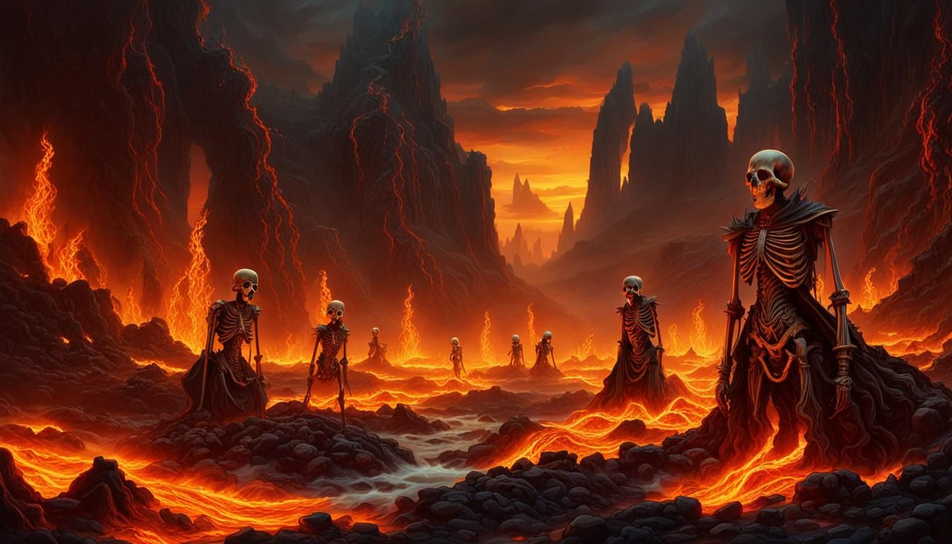 Infernal Skeletal Figures Above Lava River