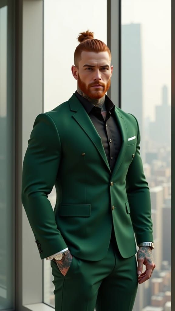 Attractive Man with Dark Red Hair and Tattoos in Luxury Offi...