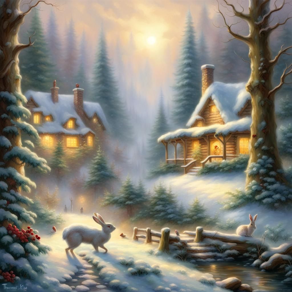 Winter Woodland Glade with Log Cabin, Kinkade Style