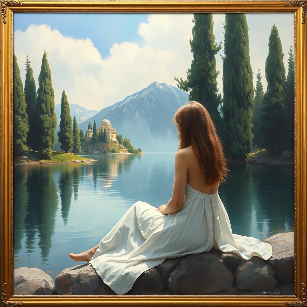 Serene Woman by Lake: Oil Painting