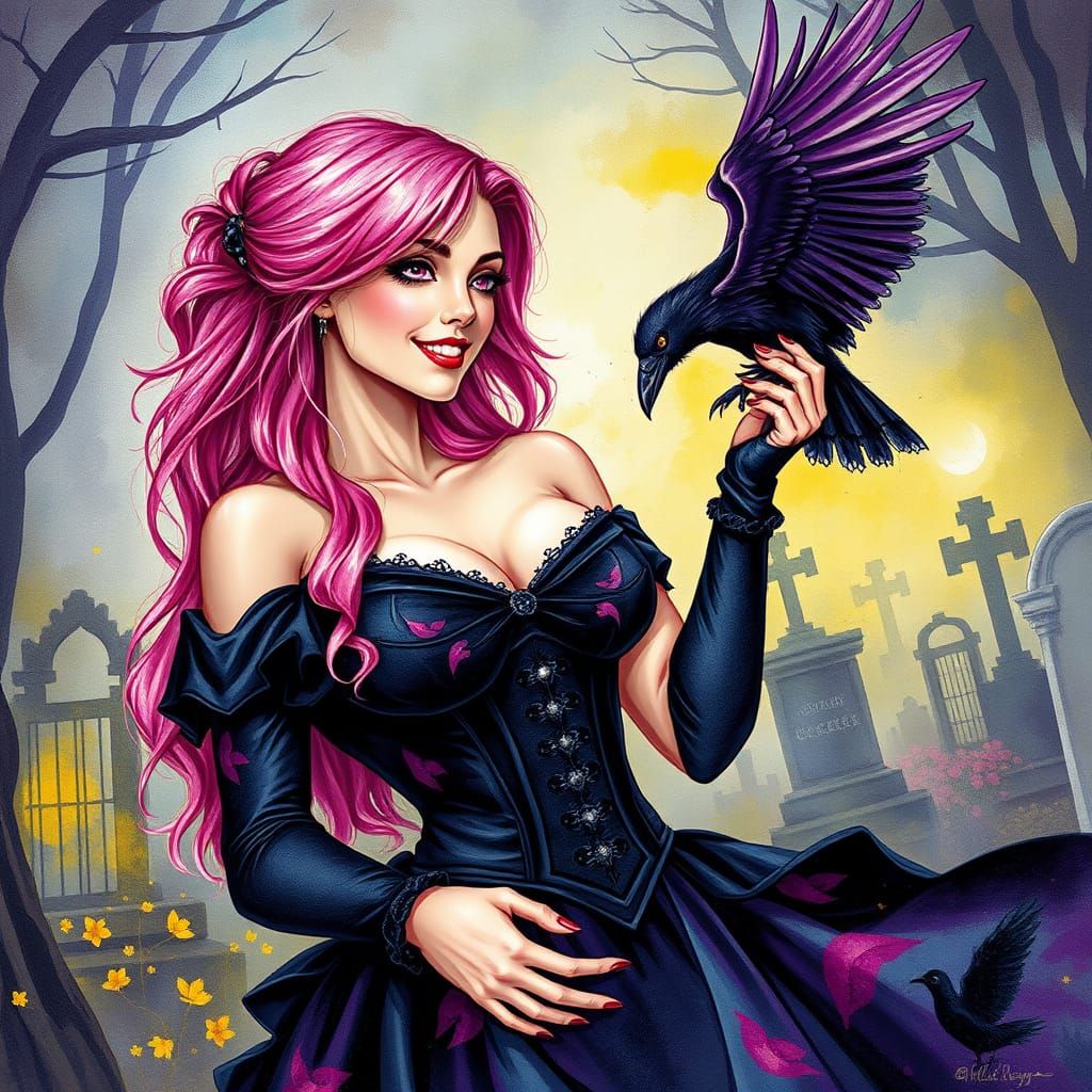 Woman with Raven in Gothic Gown, Watercolor Style