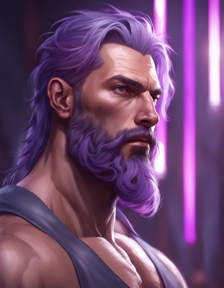 Purple Haired Man with Glowing Eyes, Digital Art