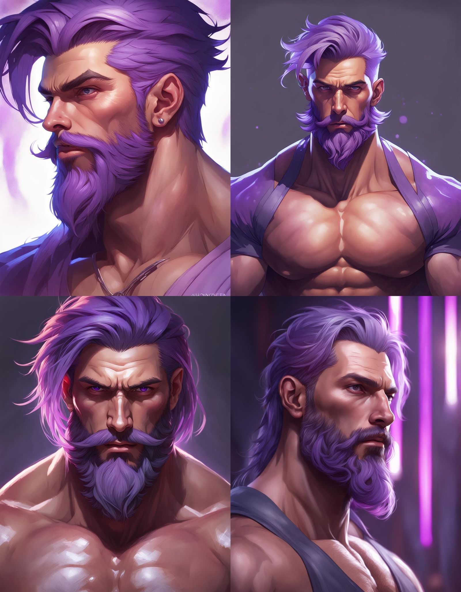 Purple Haired Man with Glowing Eyes: Fantasy Portrait