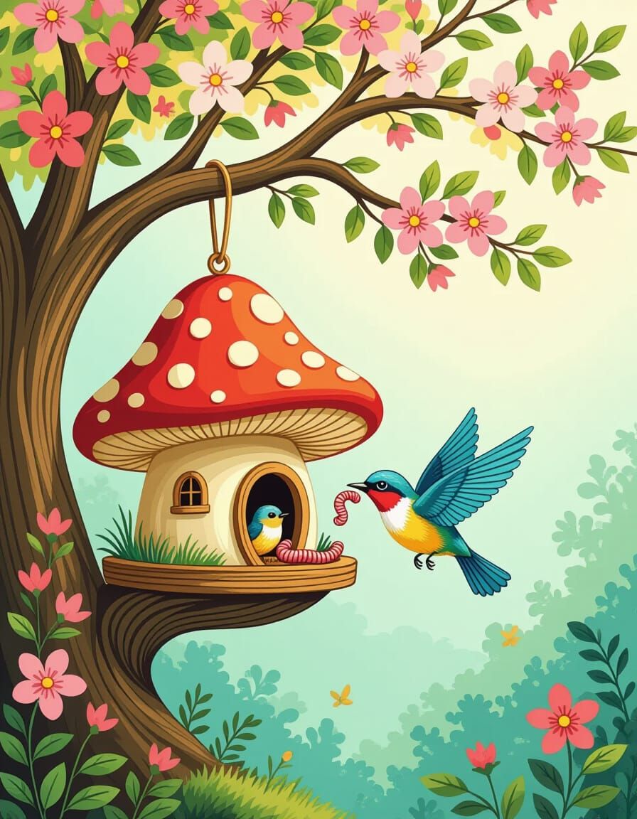 Whimsical Mushroom Birdhouse in Storybook Style