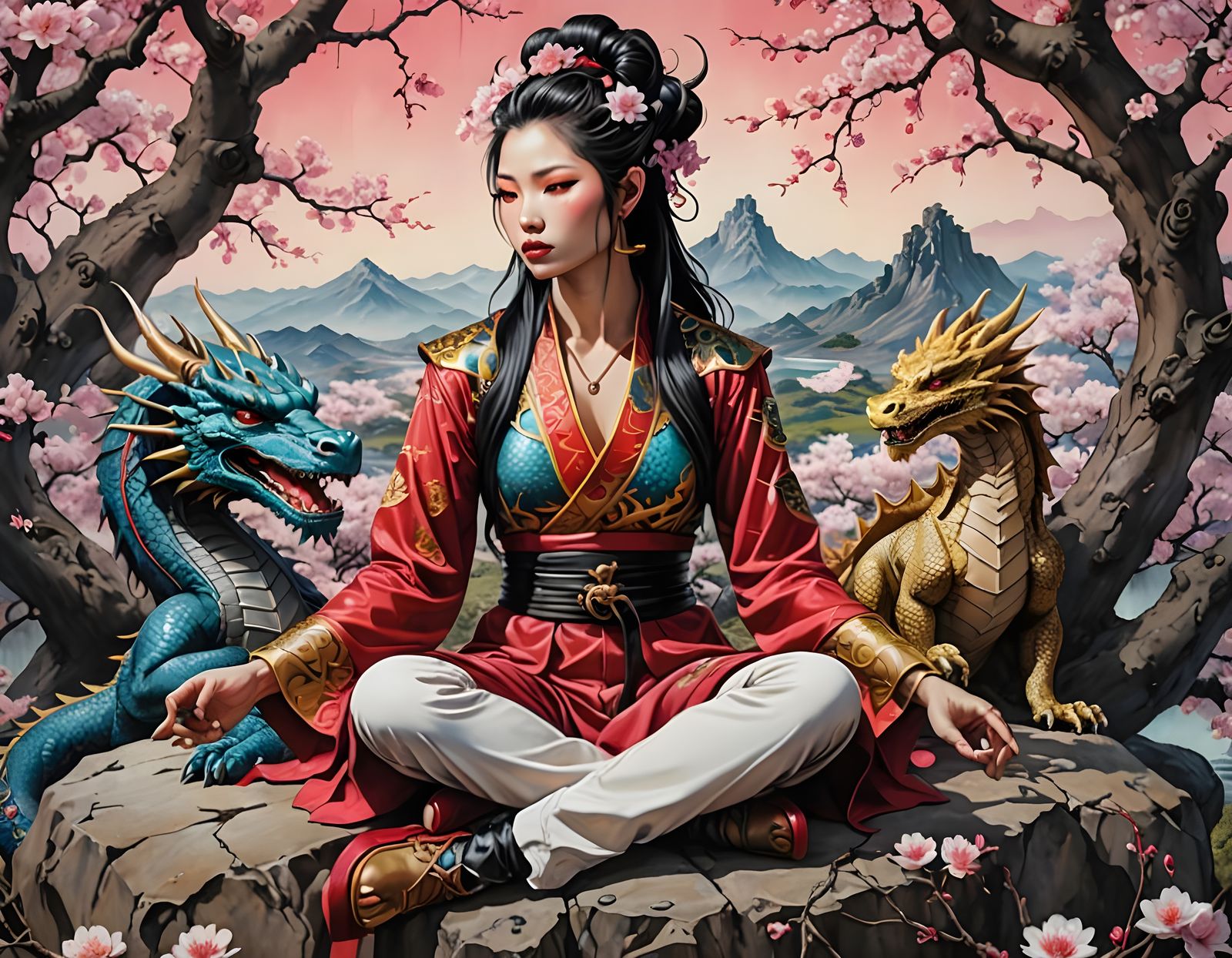 Dragon Tamer Meditating in Surreal Landscape