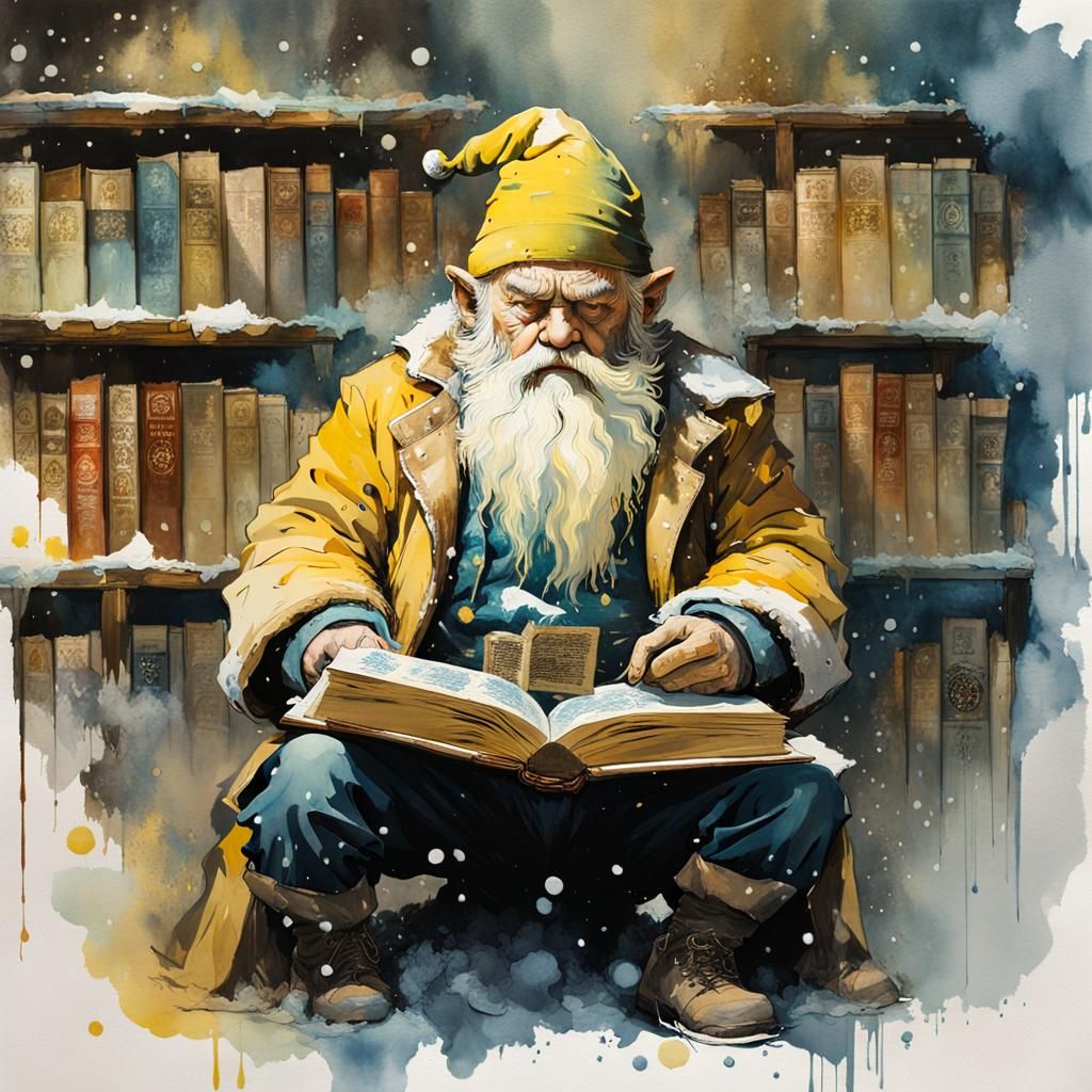 Grumpy Dwarf with Magic Book in Double Exposure