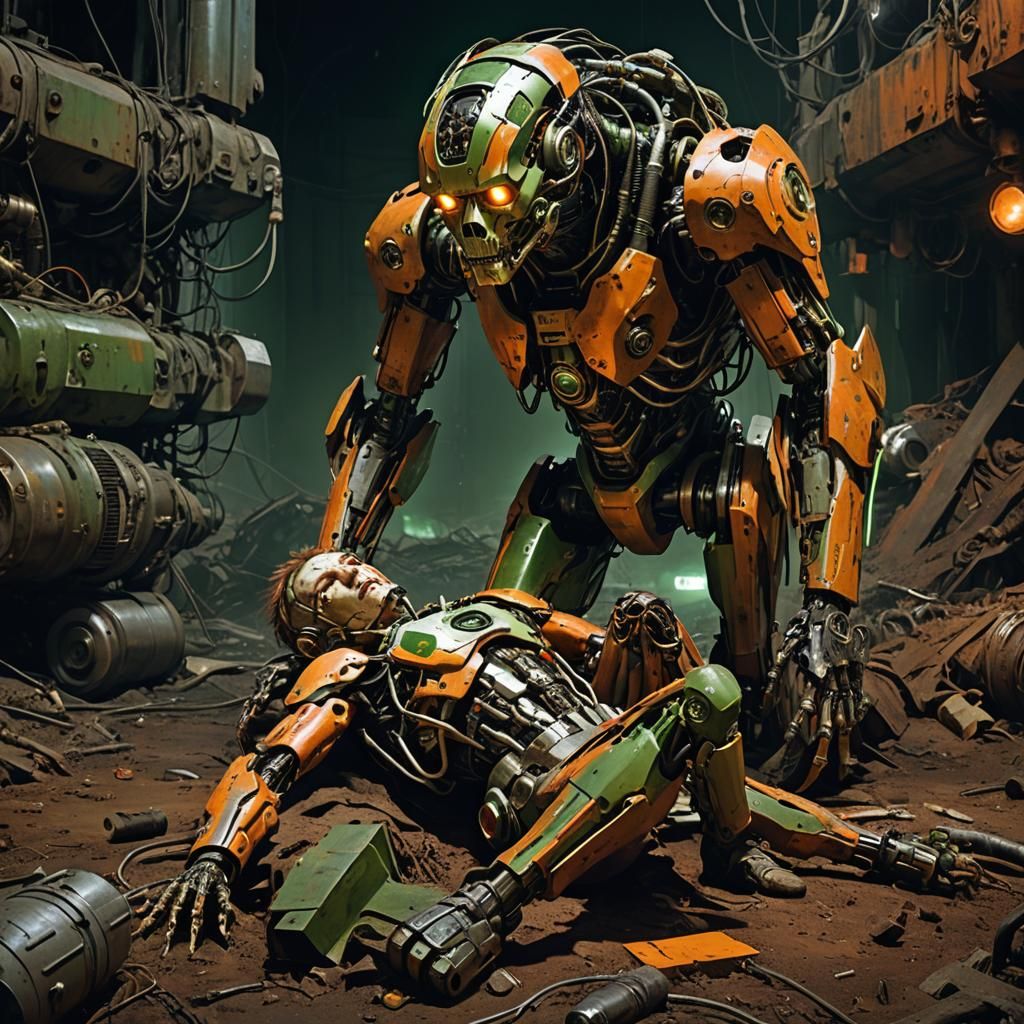 Cyborg in Humid Techno-Dystopia: Hyperrealistic Digital Art