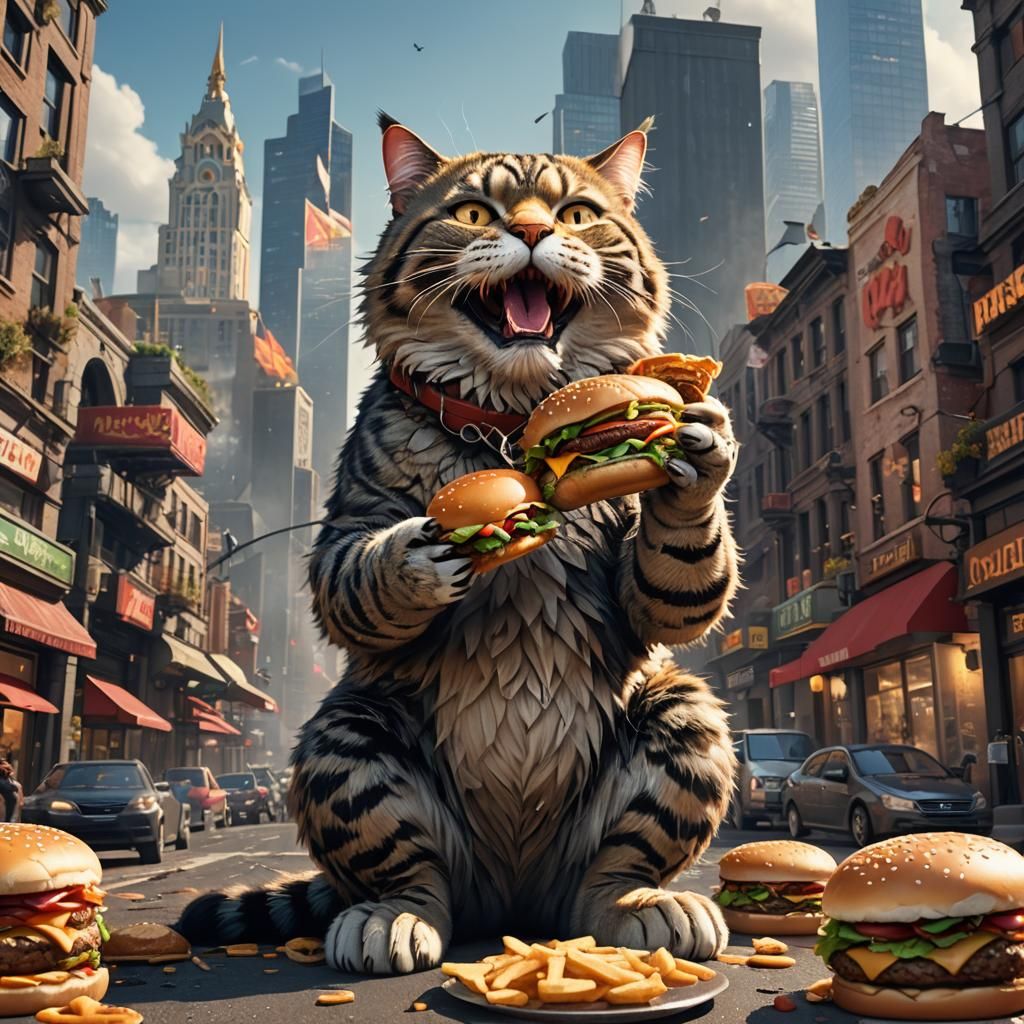 Giant Fantasy Cat Eats Burger in City
