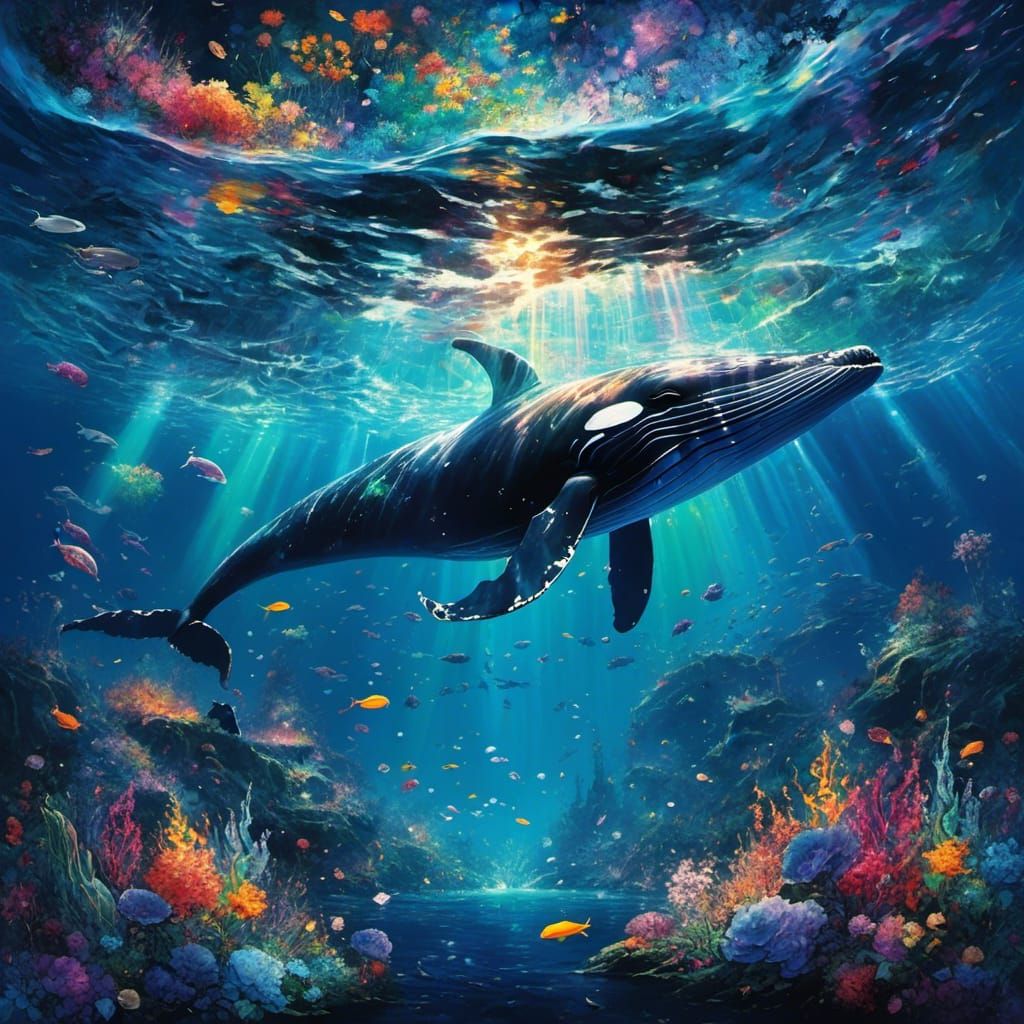 TeamLab-Inspired Digital Sea with Whale Silhouette