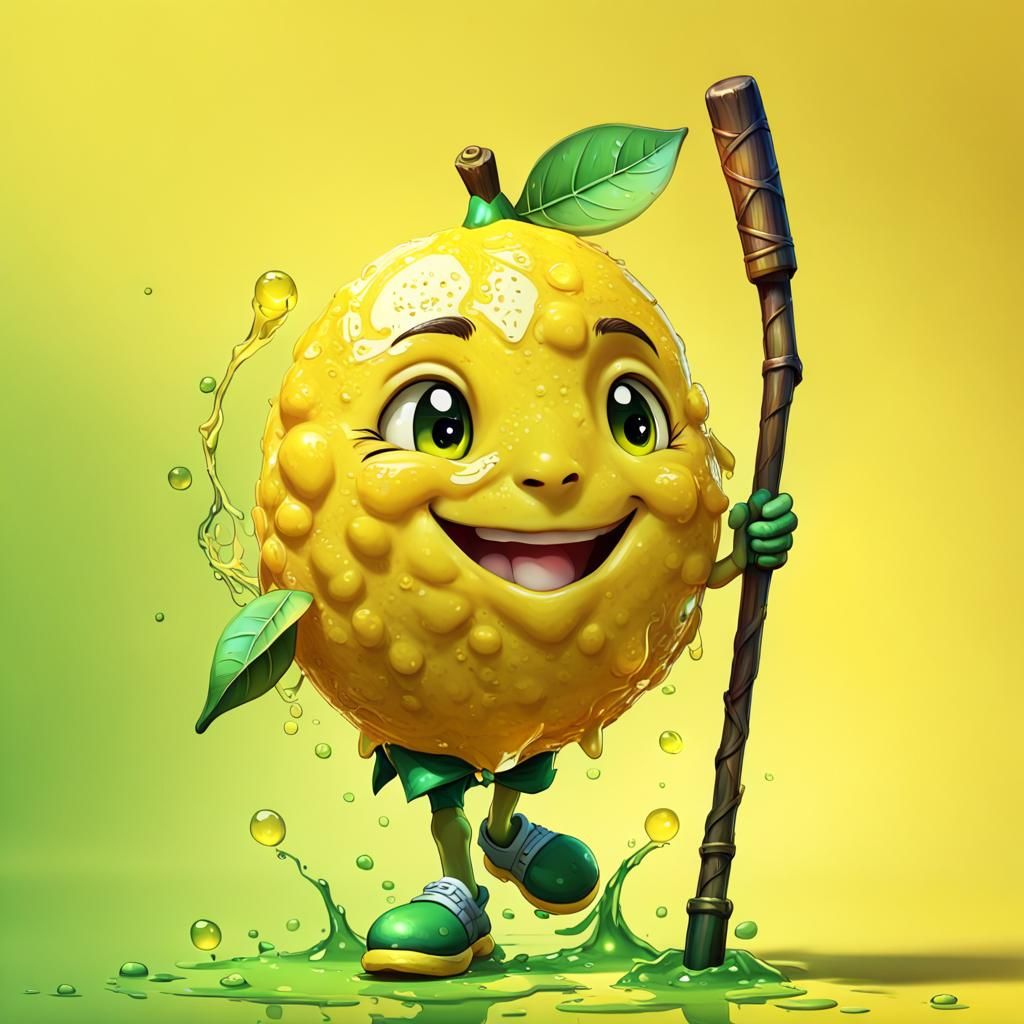 Chibi large lemon 🍋 with smiling face, short legs , walking...