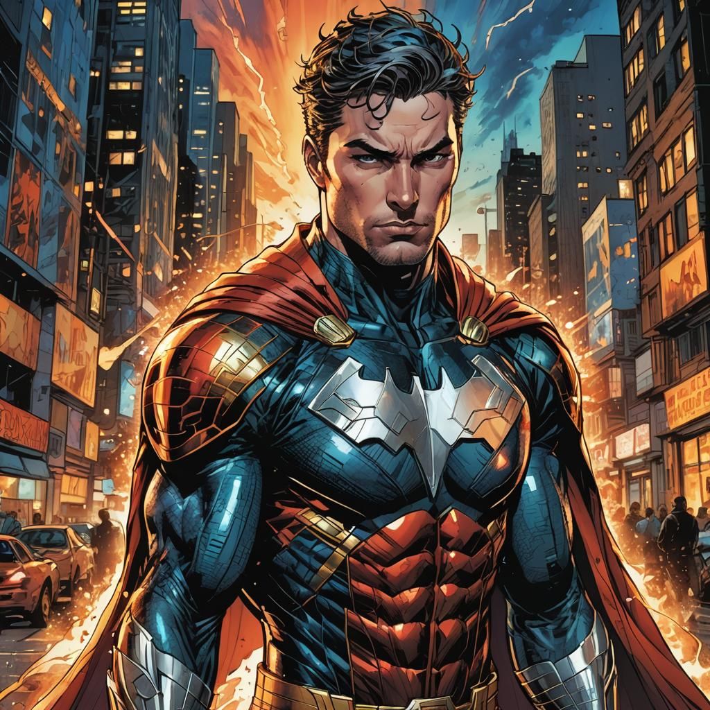 Dynamic Comic Book Hero in City at Sunset