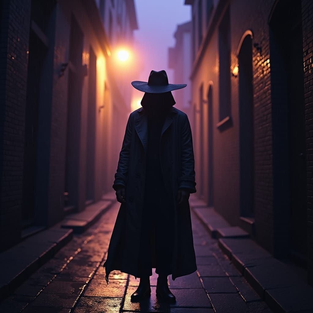 Mysterious Figure in Dark Alleyway, Art Nouveau Style