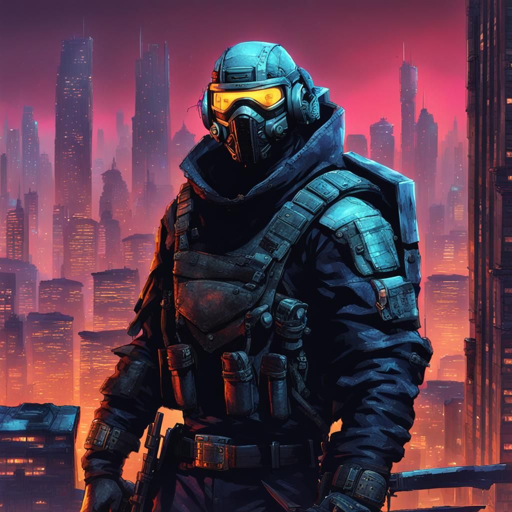 Cyberpunk Ninja in Dystopian Cityscape at Dusk