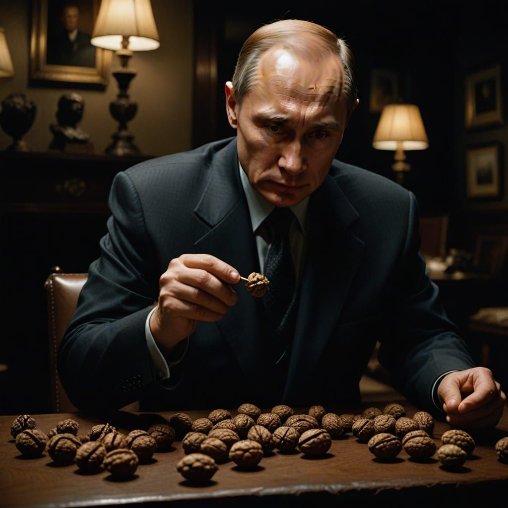 Vladimir Putin Cracks Walnuts with Intensity in Moody Lighti...