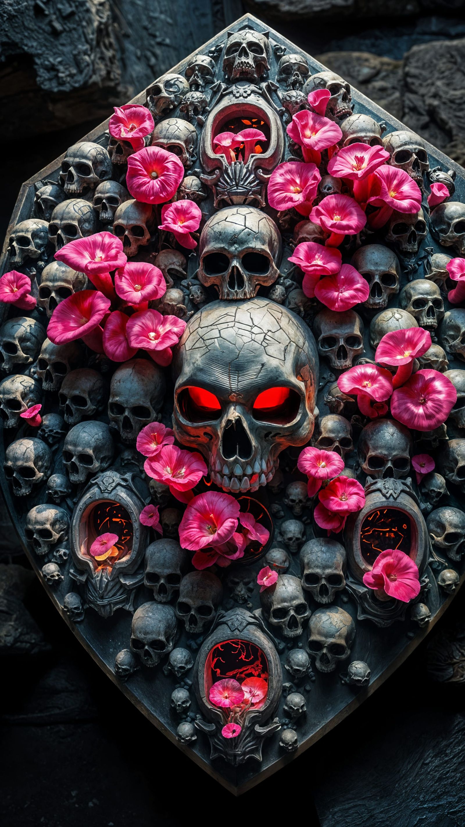 Epic Fantasy Shield Constructed from Skulls with Vibrant Neo...