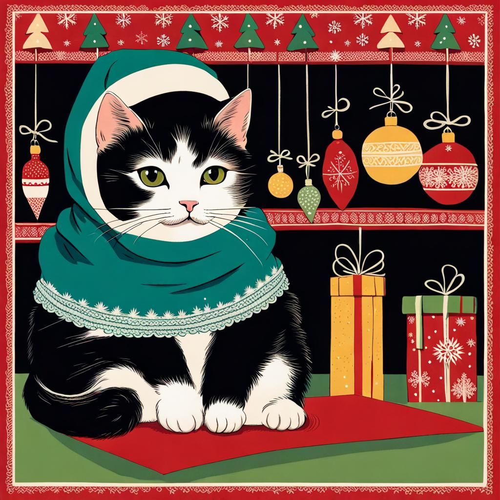Babushka Cat Christmas Vintage Postcard