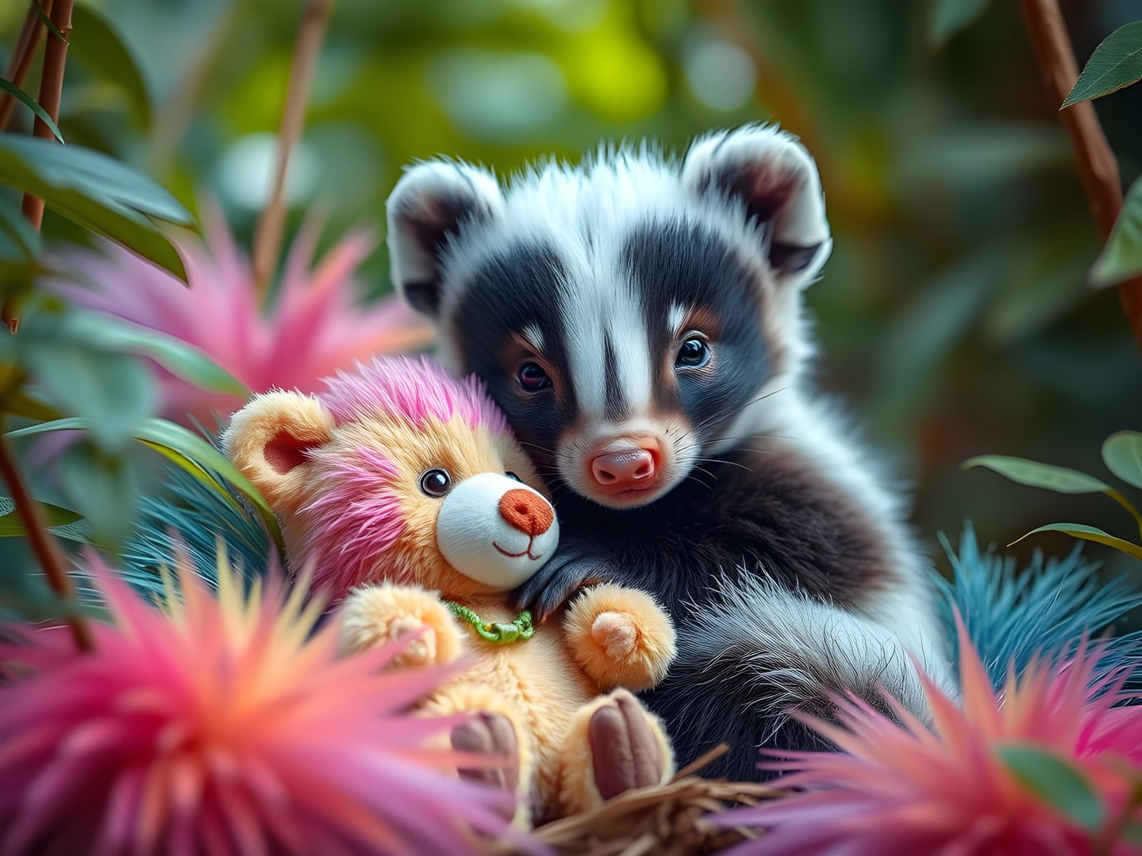 Surreal Jungle Oasis with Adorable Skunk and Teddy Bear