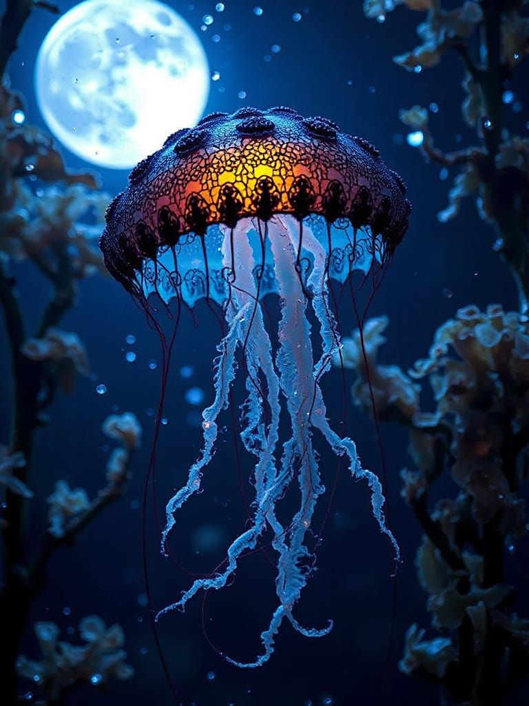 Bioluminescent Jellyfish with Filigree Pattern in Holographi...