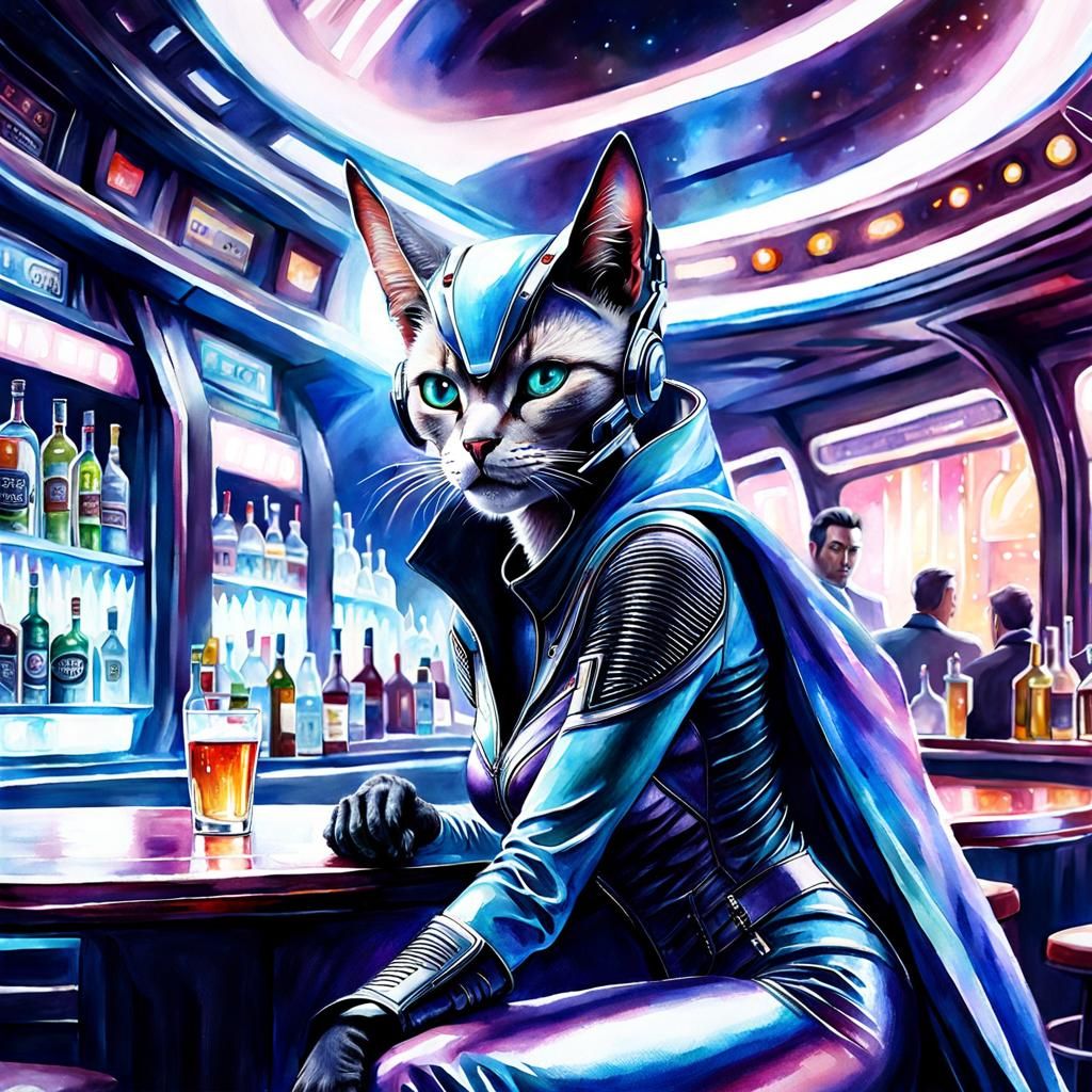 Beautiful Alien Cat Woman in Crowded Spaceship Bar