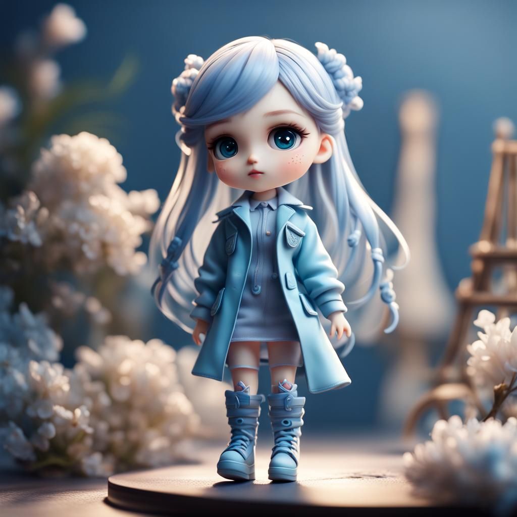 Fashionable Blue-Haired Chibi Doll: 3D Render