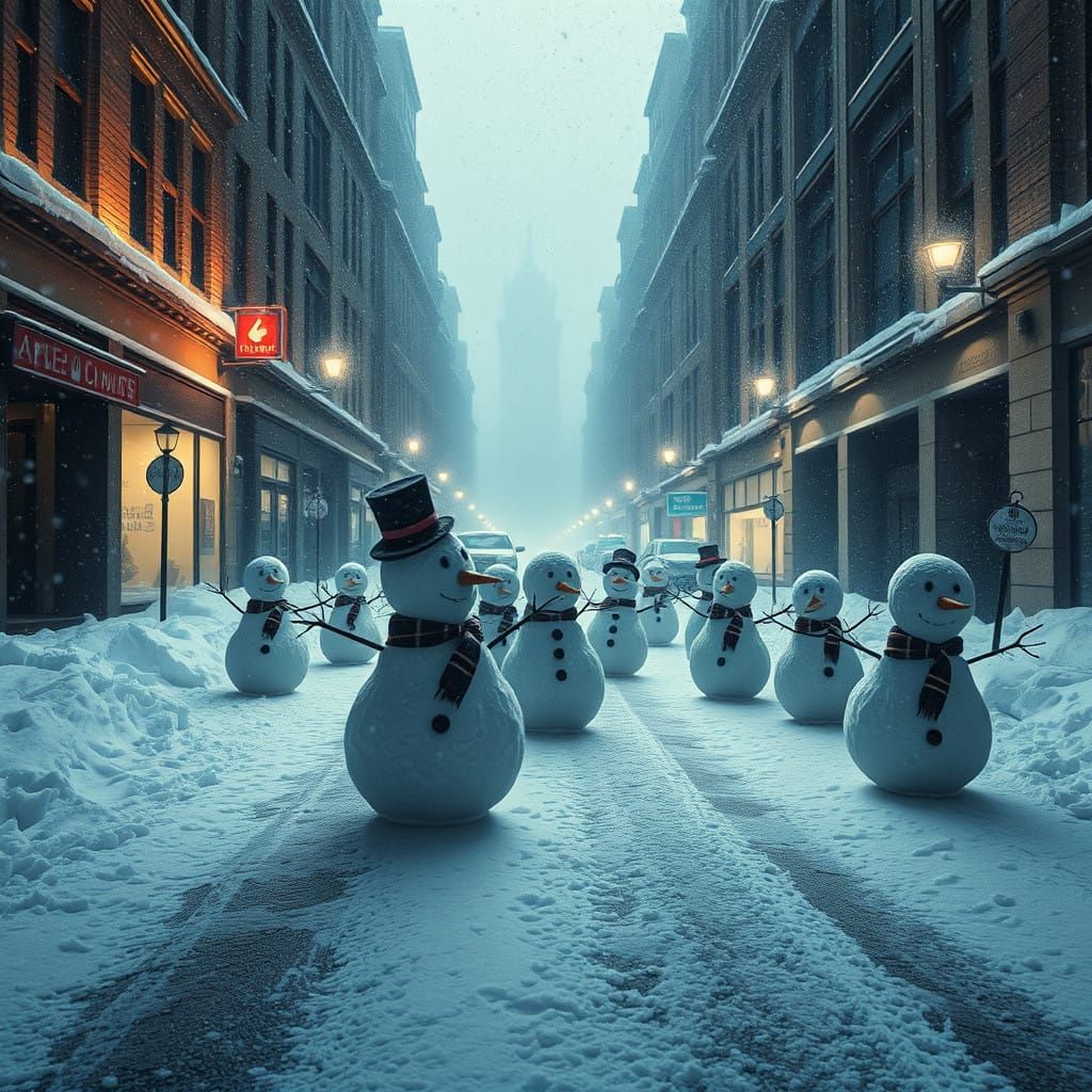 Rioting Snowmen in Frosty Abandoned Streets, Photorealistic...