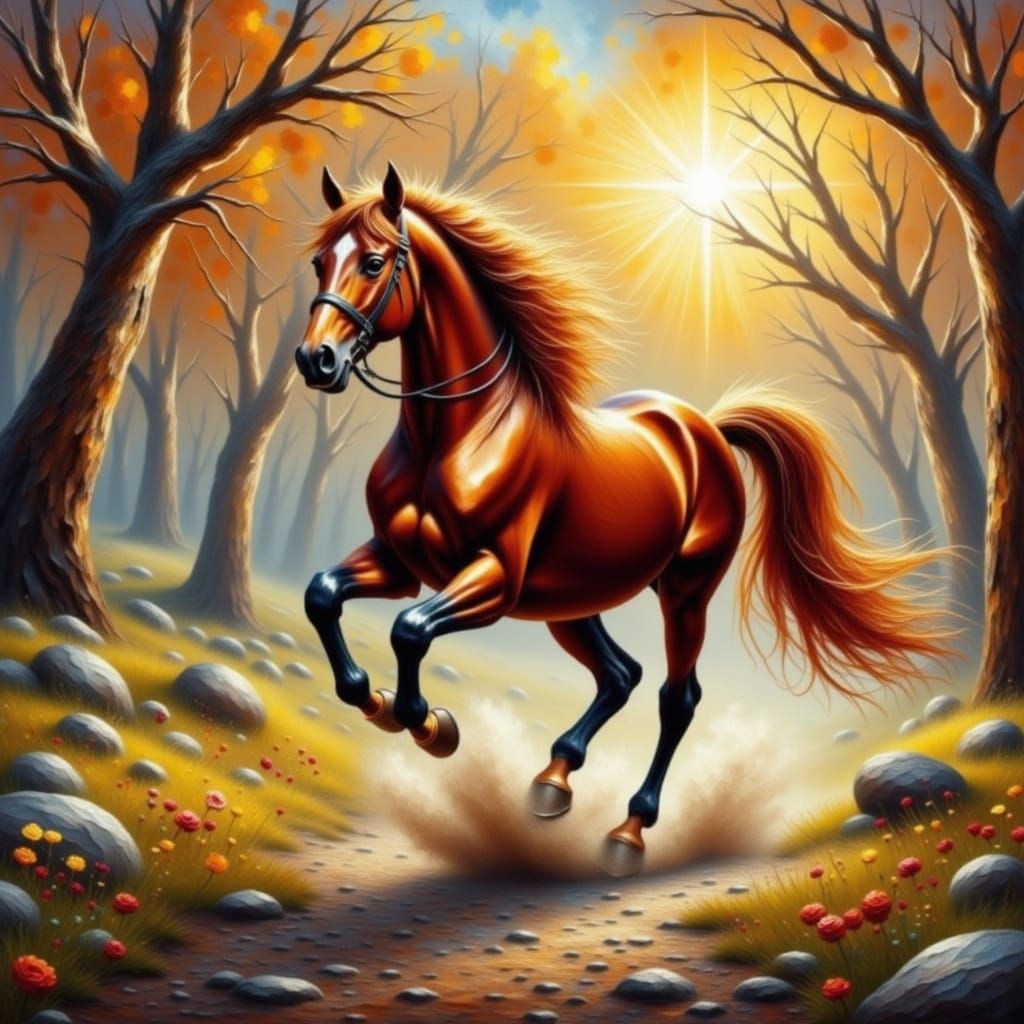 Galloping Horse Illustration in Heavy Impasto Style