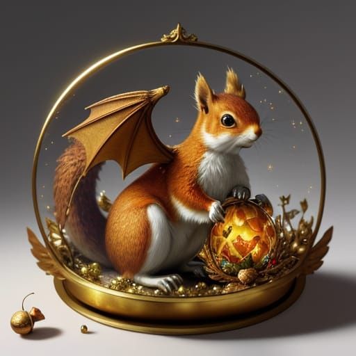 Whimsical Squirrel Amidst Treasures in Ethereal Fantasy