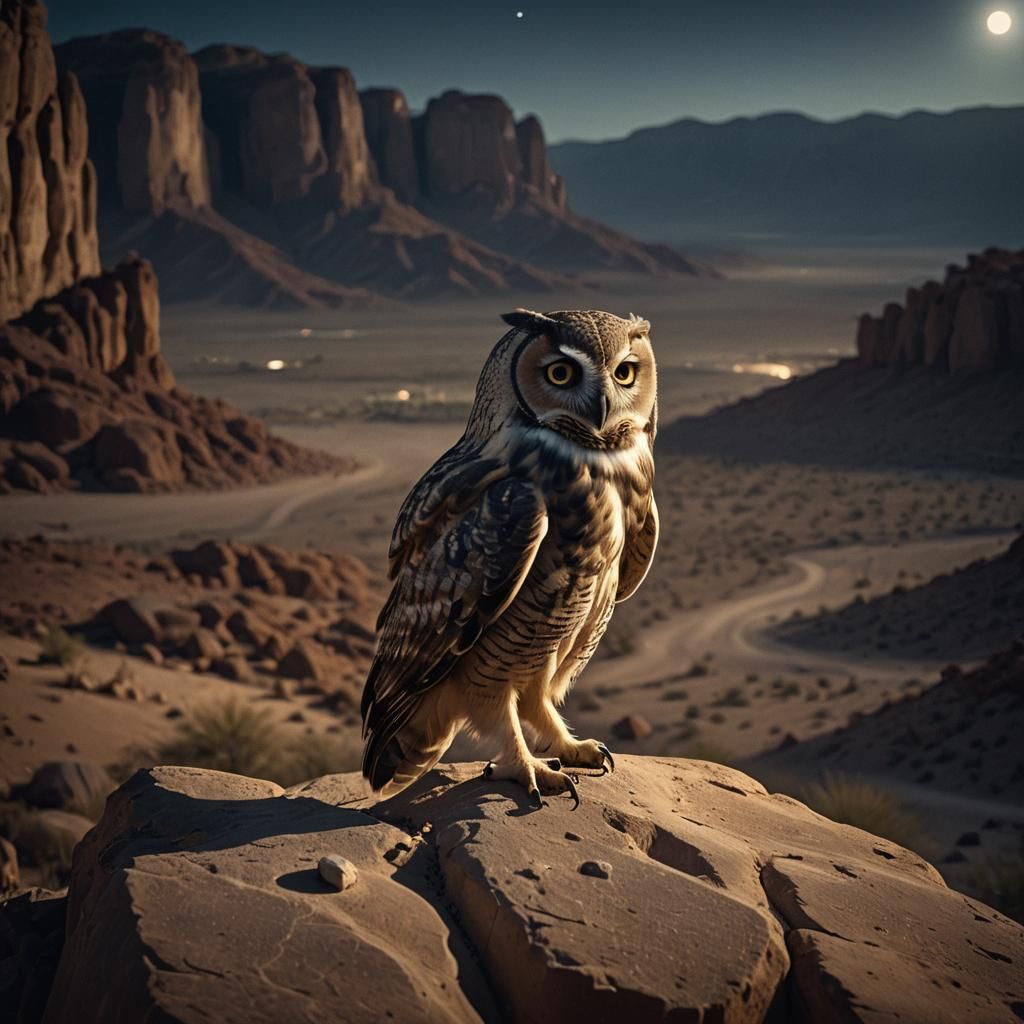Desert Owl in Moonlit Landscape: Cinematic Film Still
