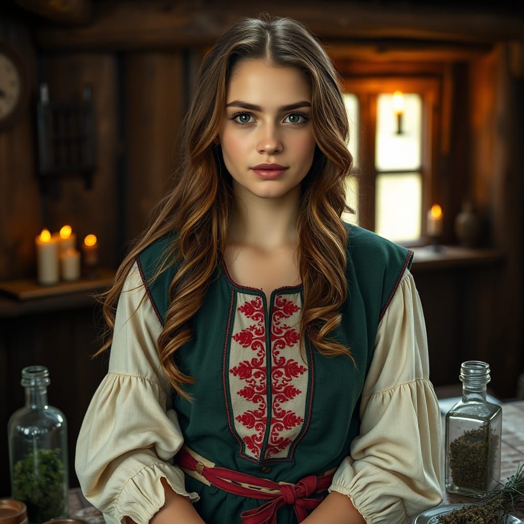 Medieval Peasant Woman in Rustic Cabin