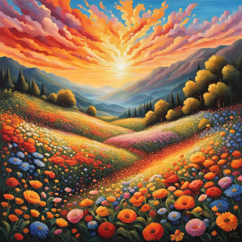 Vibrant Valley Flowers in Hyperrealistic Splash Art