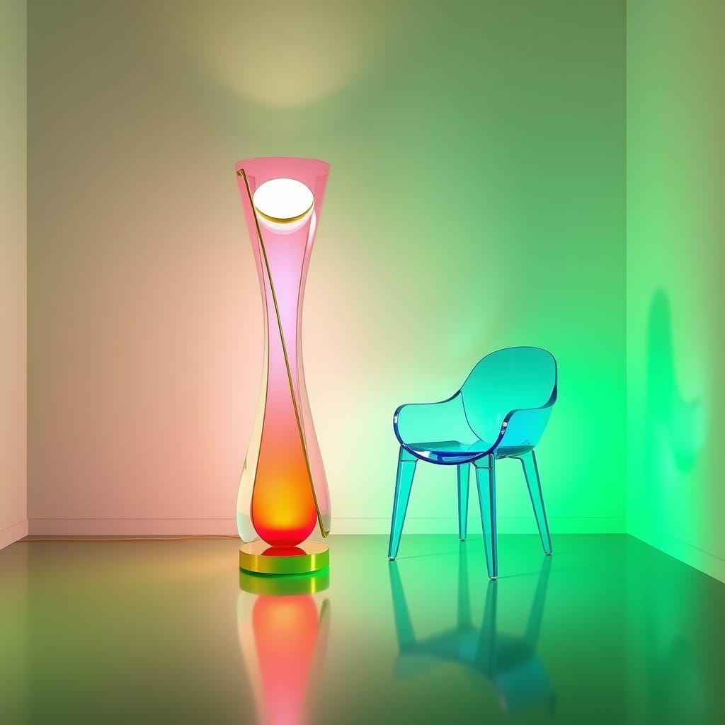 Futuristic Pink & Green Glass Floor Lamp with Brass Accents