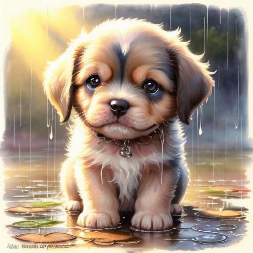 Sad Puppy in Rain, Watercolor Vintage Illustration