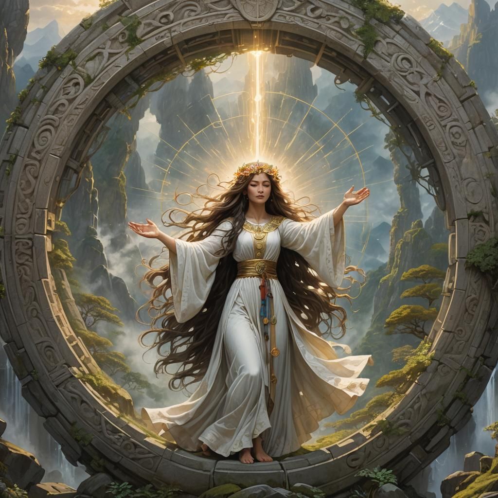 Mystical Woman at Stone Wheel in Fantasy Landscape