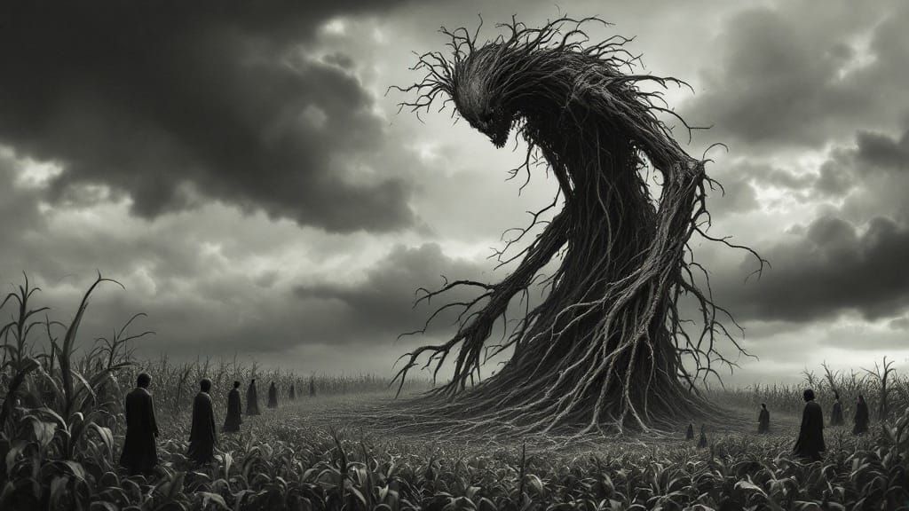 Surreal Root Skeleton in Stormy Cornfield, Dreamlike Palette