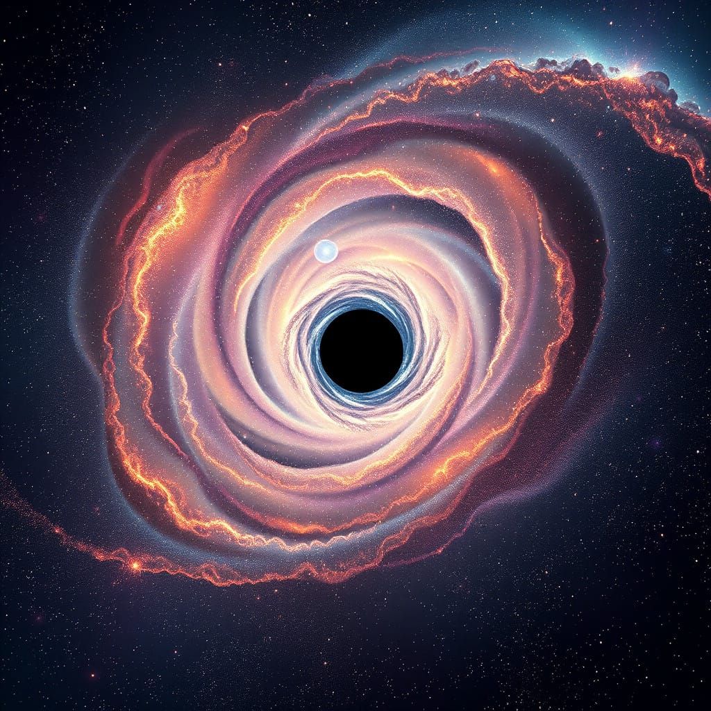Cosmic Galaxy Swirls Around Tiny Black Hole in Vibrant Color...