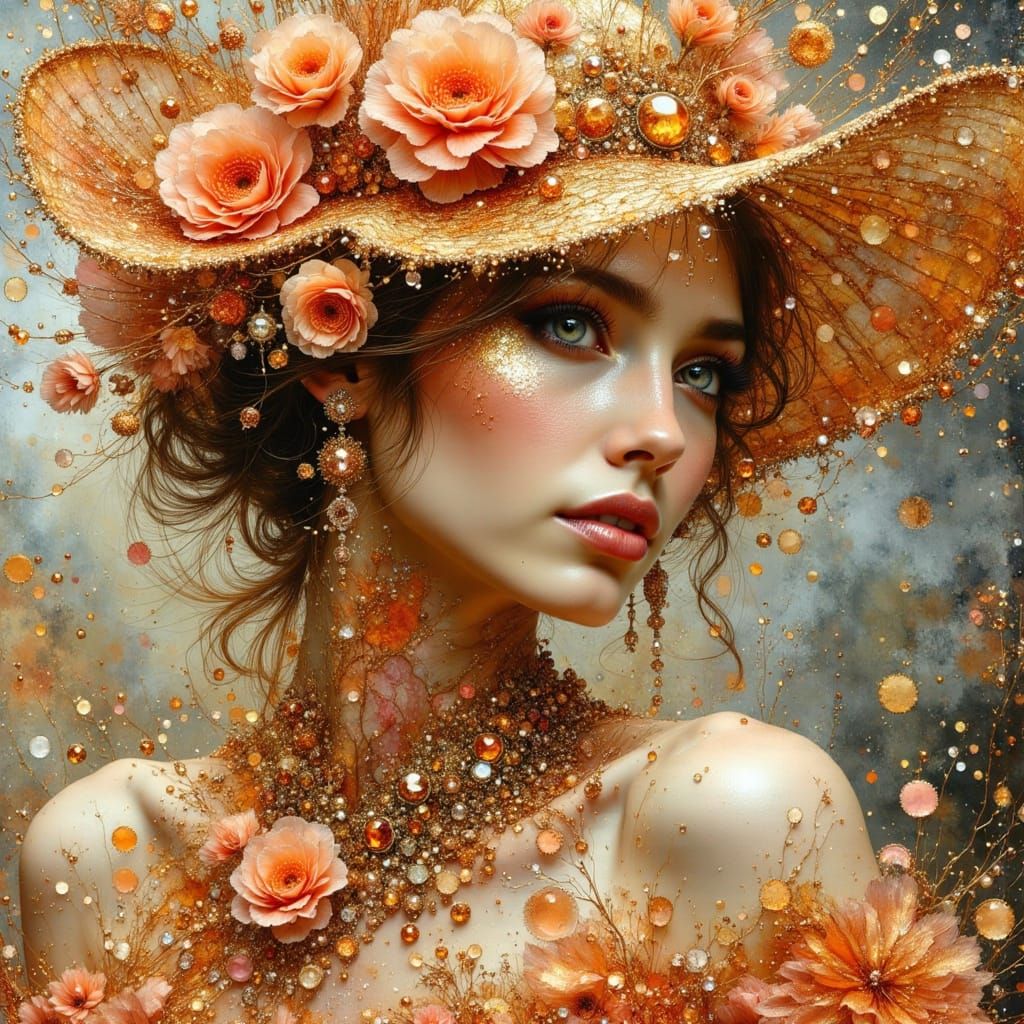 Peach Lady with Gold Foil in Dark Oil Paint