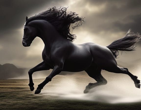 Friesian Horse Running: Detailed Digital Painting